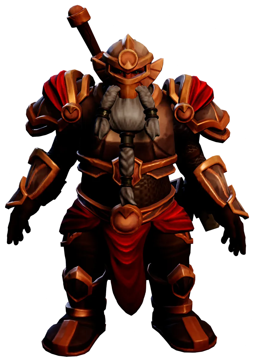 Ein Zwerg als Paladin in roter Rüstung, den Hammer auf dem Rücken