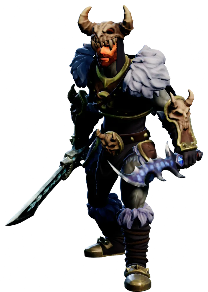 Ein Mensch als Draufgänger in Leder und Fell, mit Hörnerhelm, Schwert und Dolch
