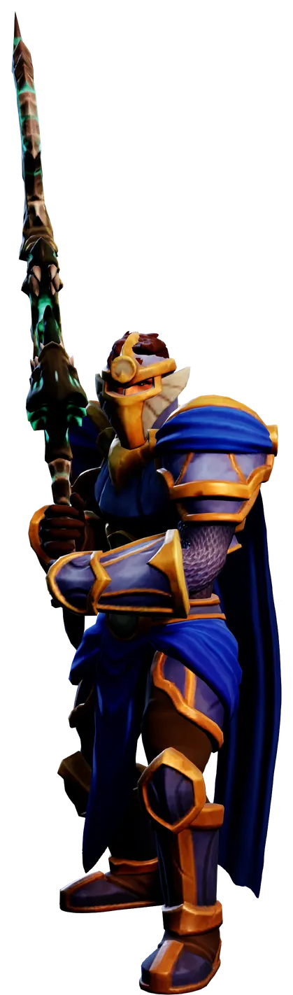 Ein Mensch als Paladin in blauer und goldener Plattenrüstung, das Zweihandschwert erhoben